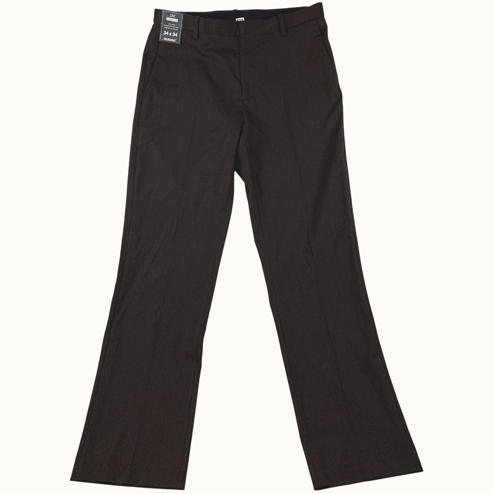 NEW Murano Dress Pants Men's 34x34 Brown Zac Classic Fit Flat Front Straight Leg